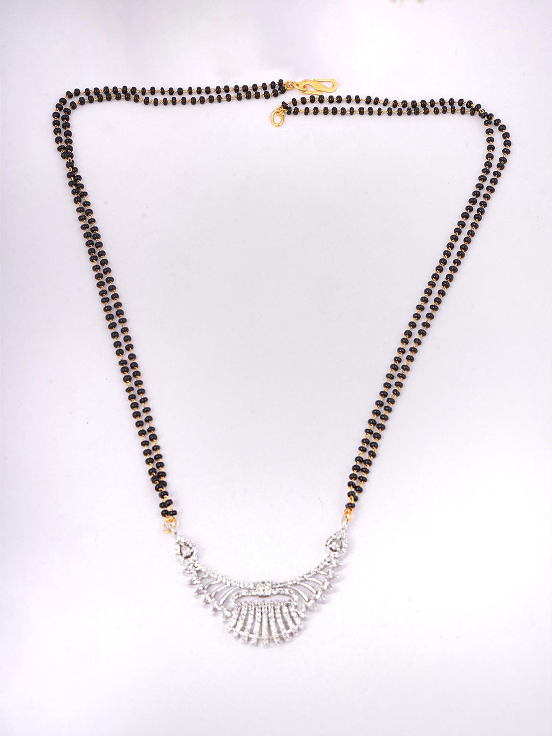Adwitiya Collection Rhodium-Plated Black Beaded Stone Studded Artistic Design Mangalsutra