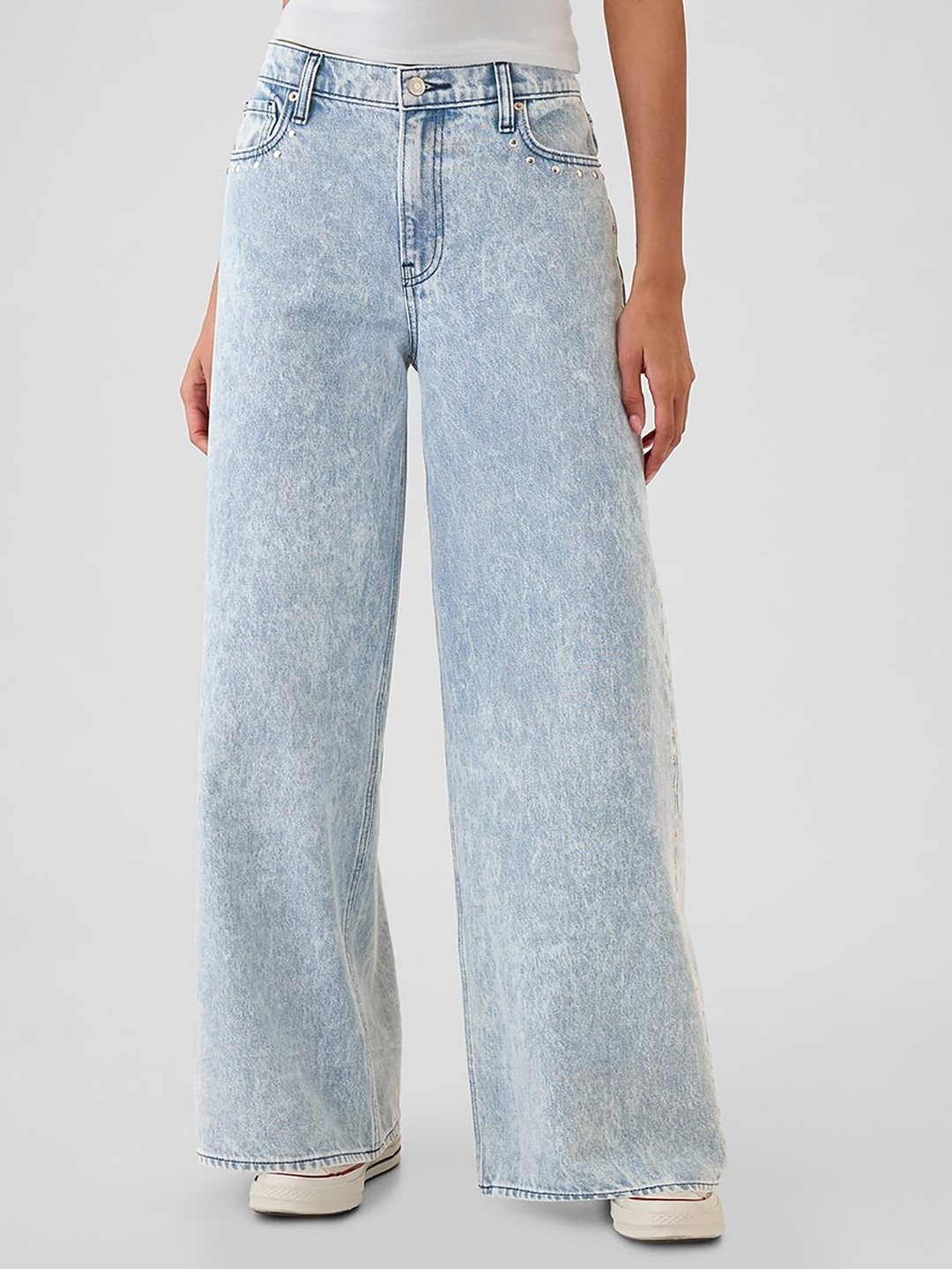 GAP Women Studded Acid Wash Mid-Rise Pure Cotton Baggy Fit Jeans