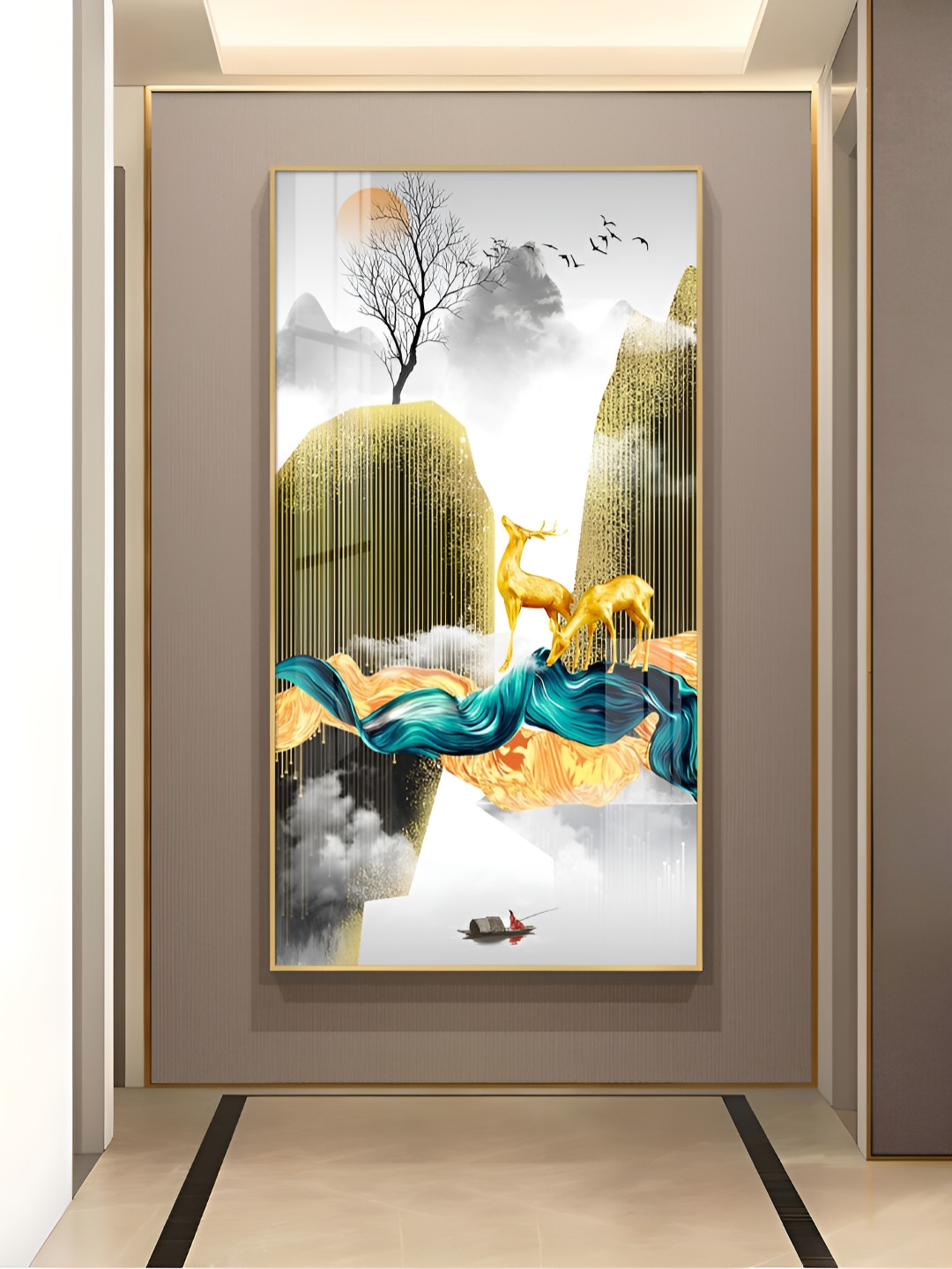 THE NEXT DECOR DeerIn The Sky Glass Wood Wall Rectangle Paintings Wall Art -24 x 12In