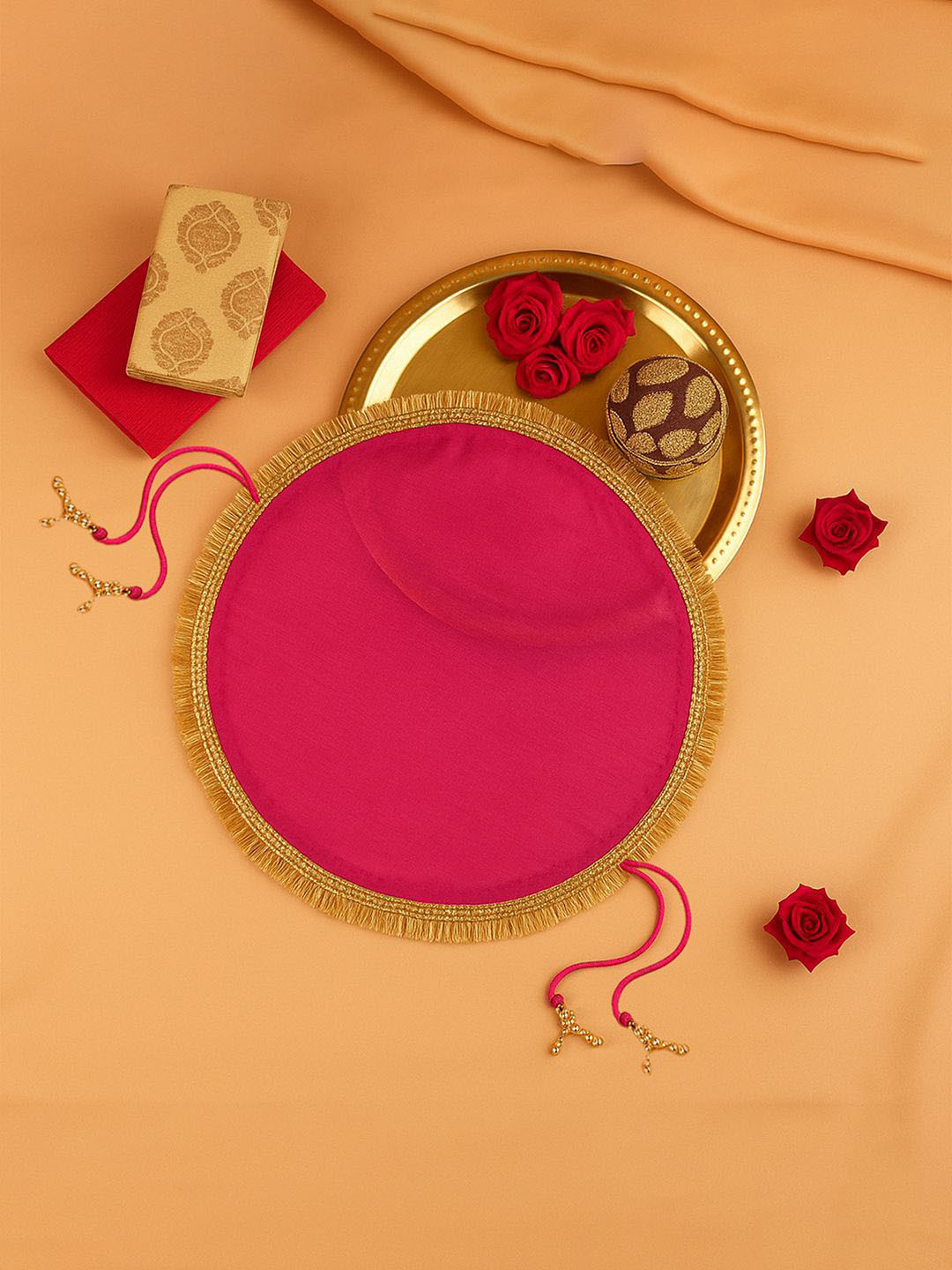 Kuber Industries Pink Shagun  2 In 1 Pooja Thalposh Organza Cover Cloth Potli