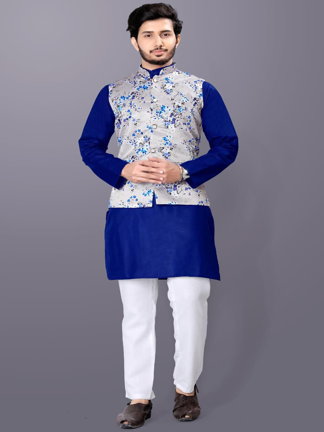 PulseIQ Men Regular Kurta With Pyjamas With Floral Nehru Jacket