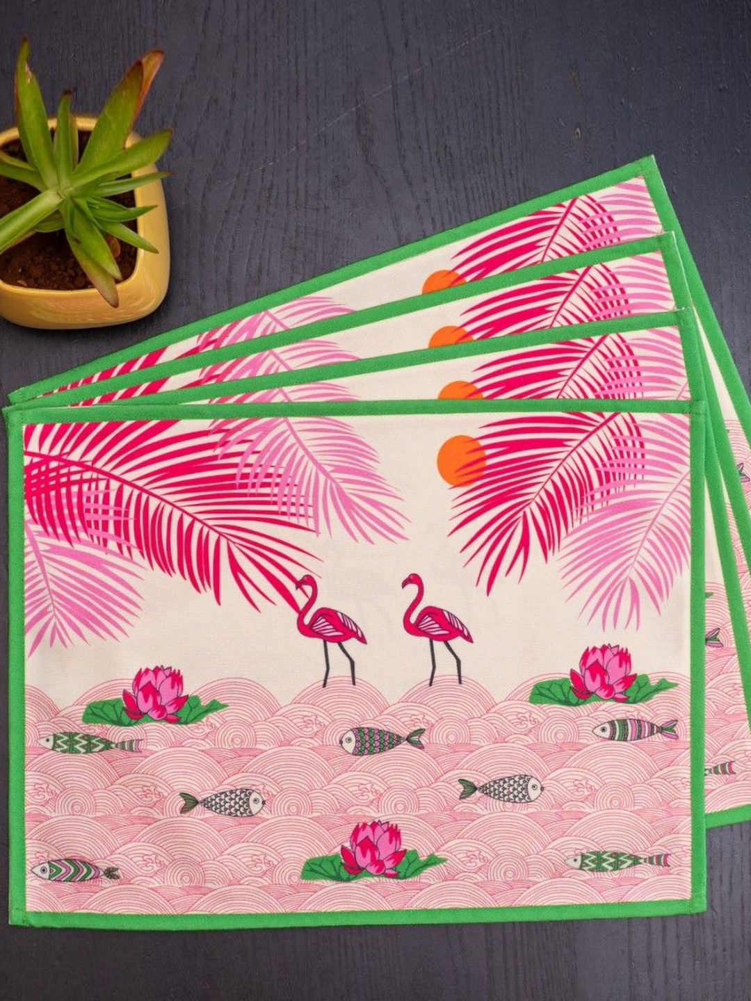 Indisca Designs 4-Pcs Pink & Green Flamingo Habitat Table Placemats