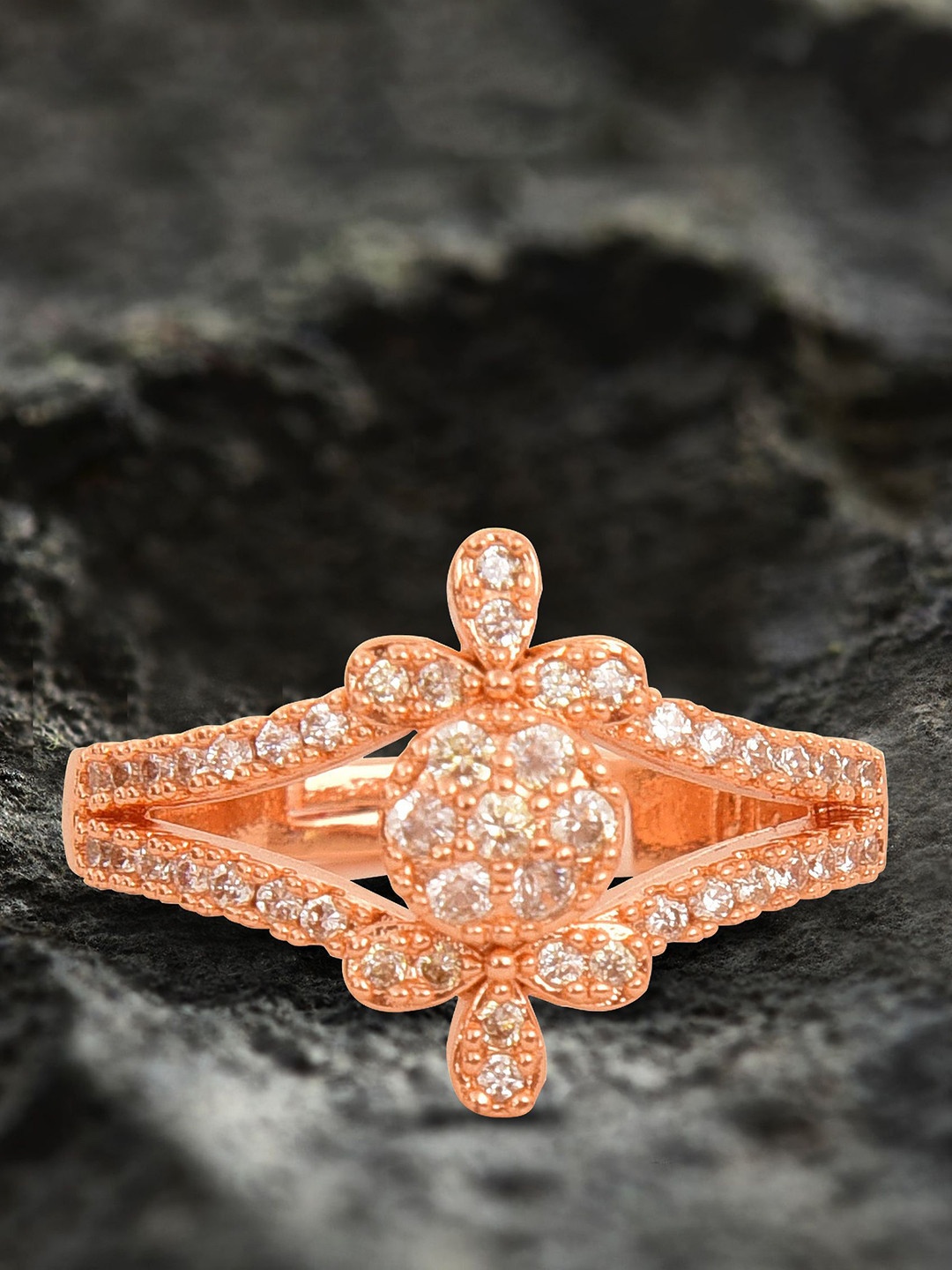 Nilu's Collection Rose Gold-Plated American Diamond-Studded Adjustable Finger Ring