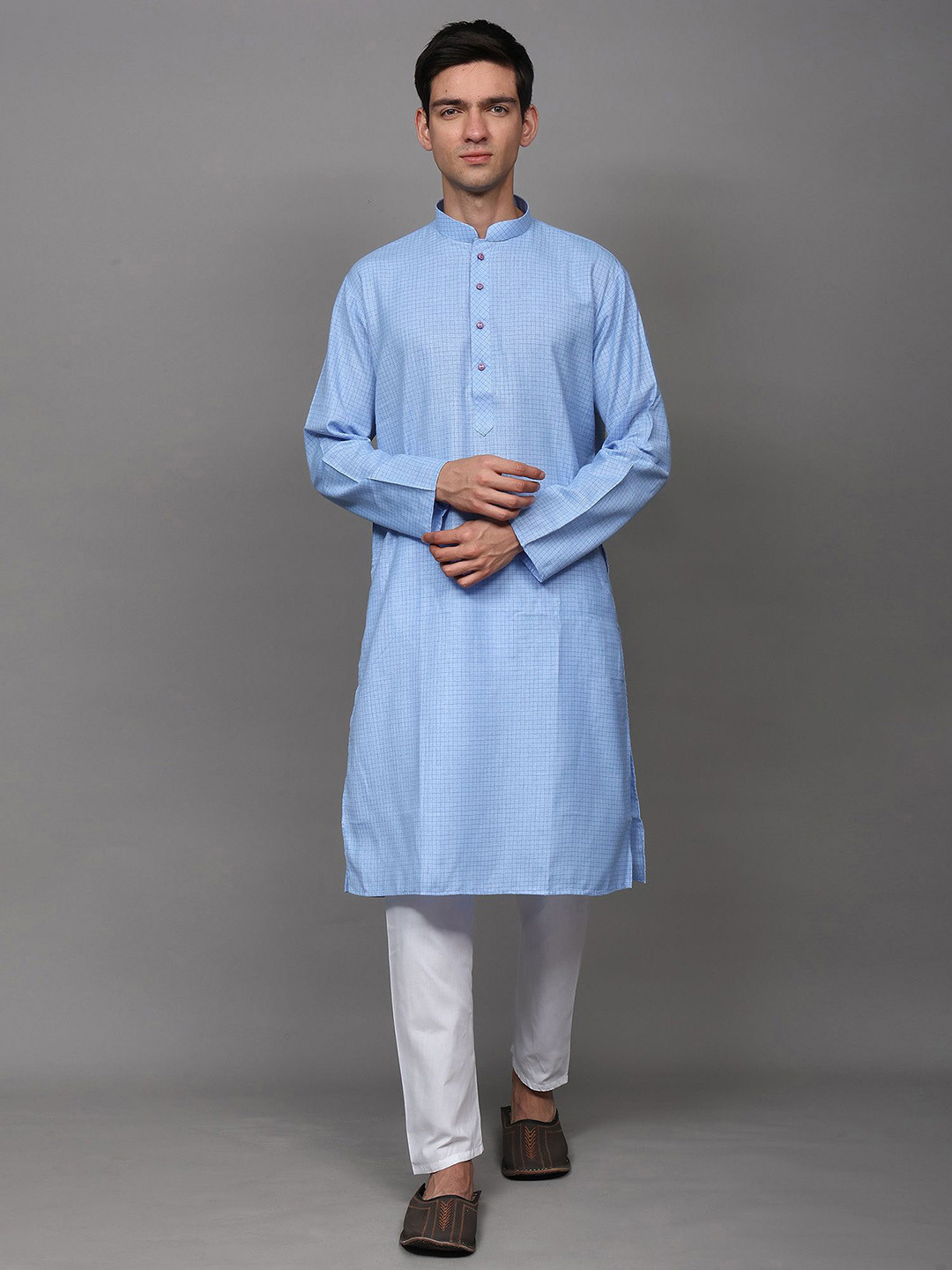 Exotic India Men Airy-Blue Casual Kurta Pajama Set with Woven Graph Checks