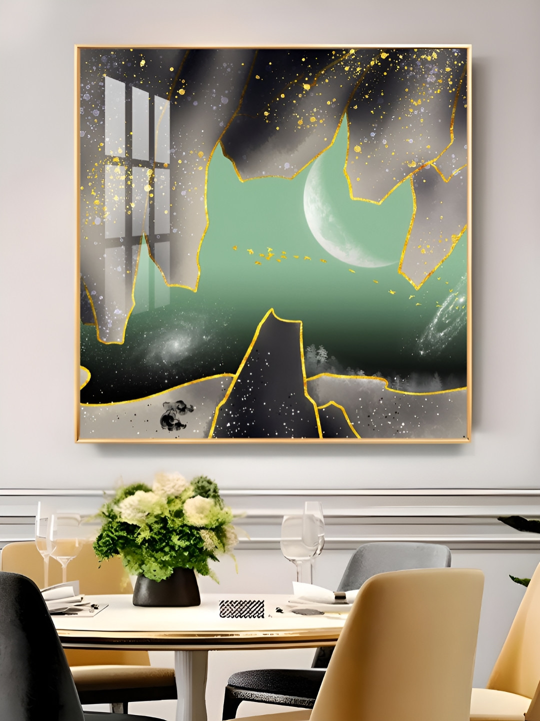 THE NEXT DECOR Green & Black Moonbeam Majesty Glass Finish Square Wall Art