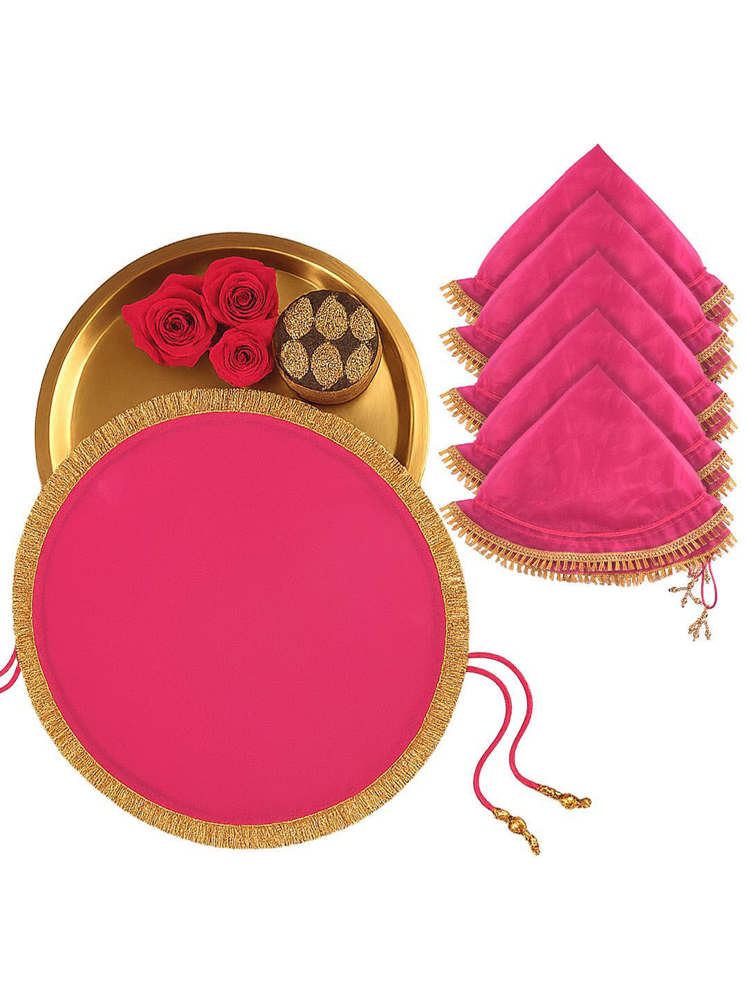Kuber Industries 6Pcs Pink 2 In 1 Shagun Pooja Thalposh Cover Cloth Potli