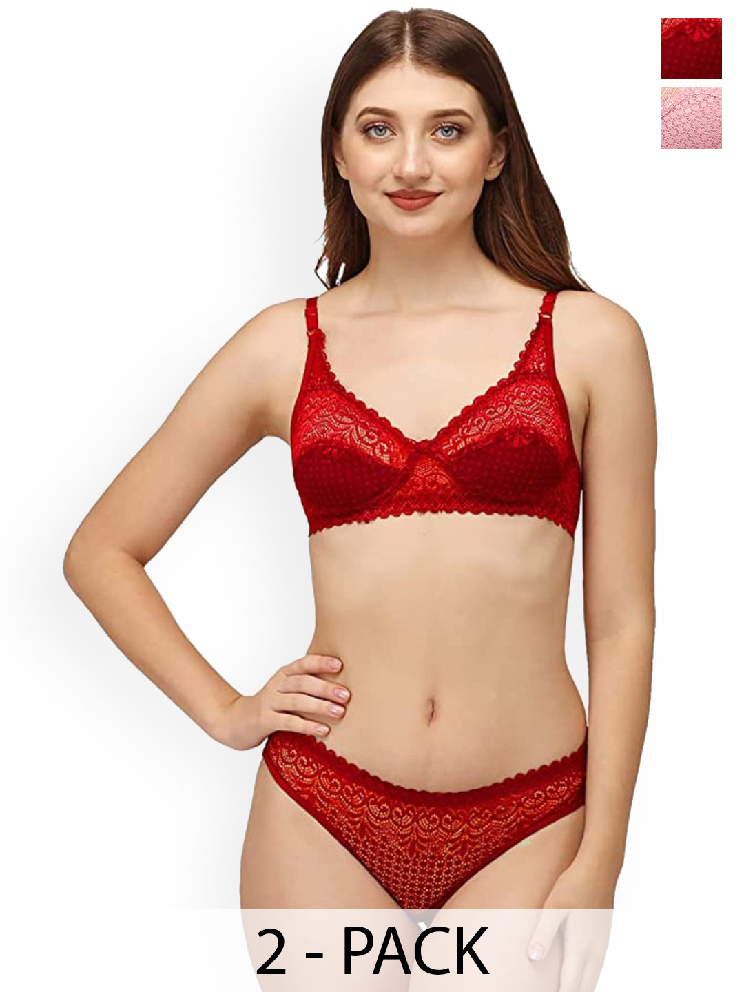 DHANDAI FASHION 2-Pcs Self Design Non Padded Lingerie Sets Decent Set-Red Pink (M-1-2P)