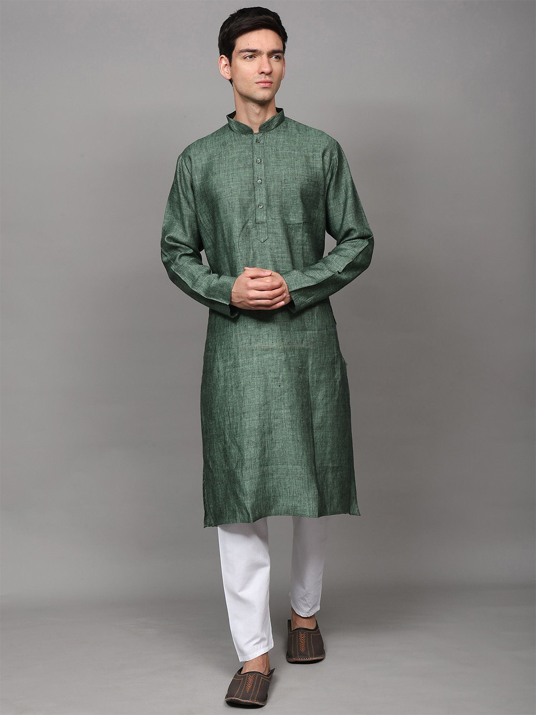 Exotic India Men Plain Pure Linen Kurta with White Pajama Set