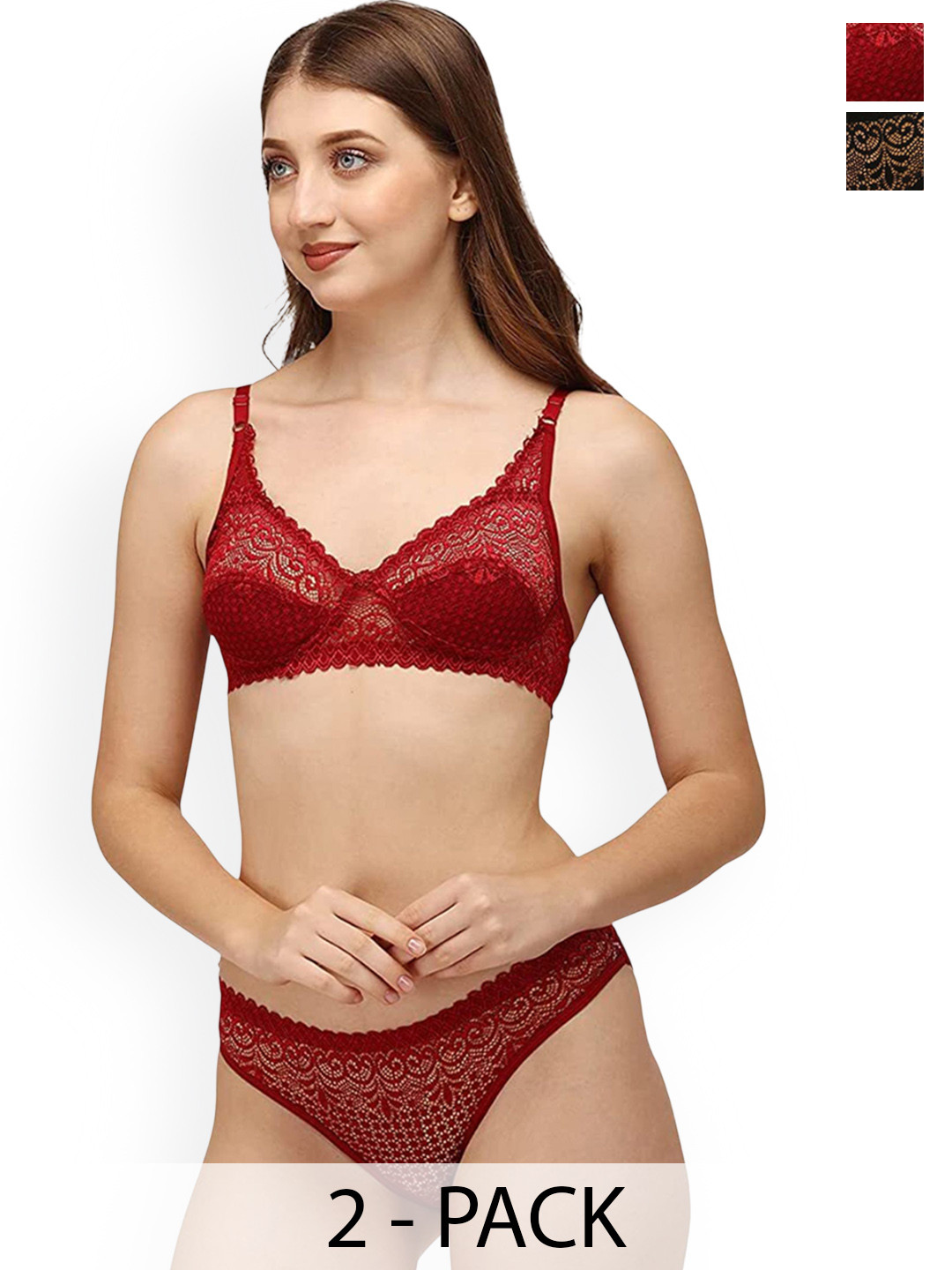 DHANDAI FASHION 2-Pcs Self Design Non Padded Lingerie Sets Decent Set-Black Red (M-1-2P)