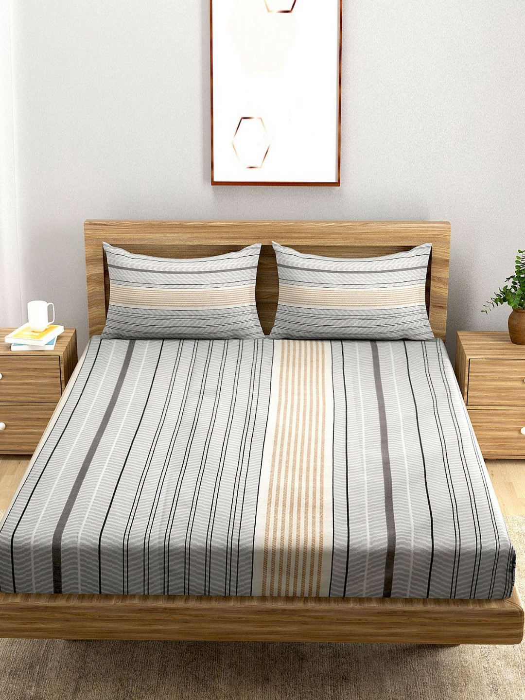 A Homes Grace Grey Striped Microfiber Breathable 144 TC Fitted Queen Bedsheet with 2 Pillow Covers-90 x 100 inches