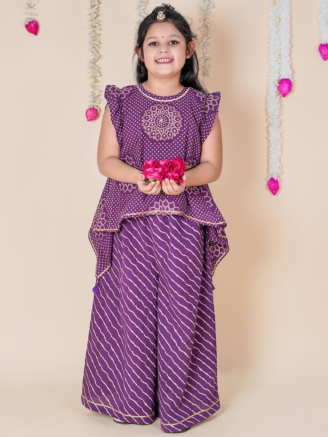 Chanda Mama Girls Bandhani Printed Pure Cotton Kurta With Palazzos