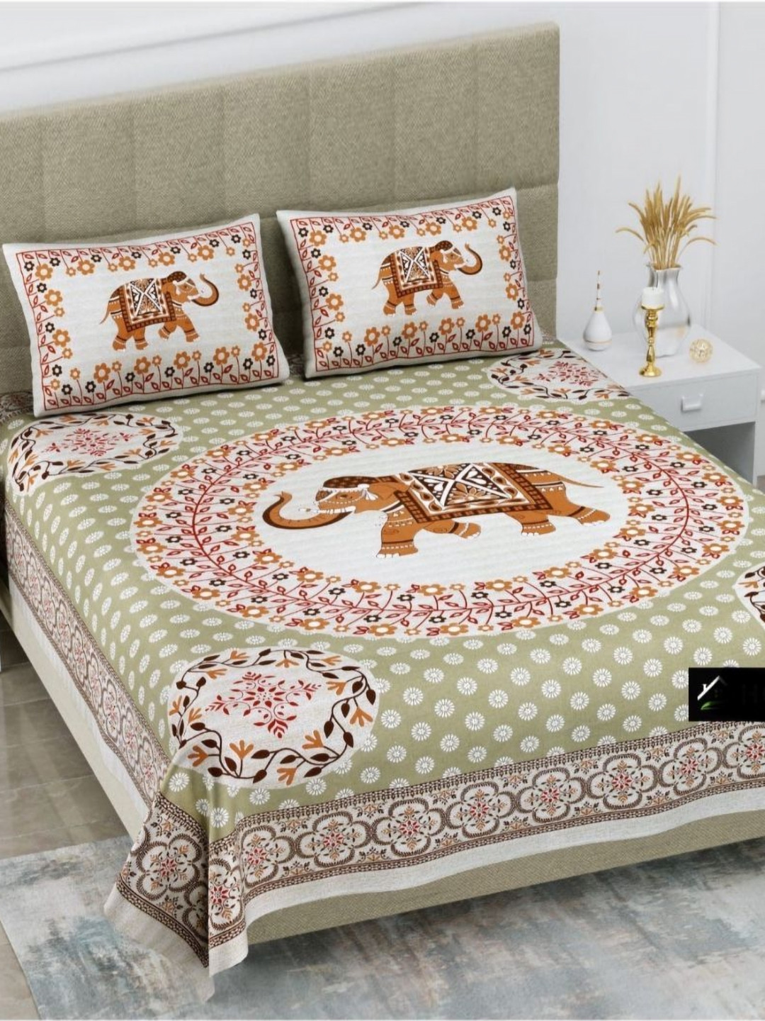 Nanki's Jaipuri Beige Animal Cotton 120 TC Queen Bedsheet with 2 Pillow Covers-254 x 234 cm