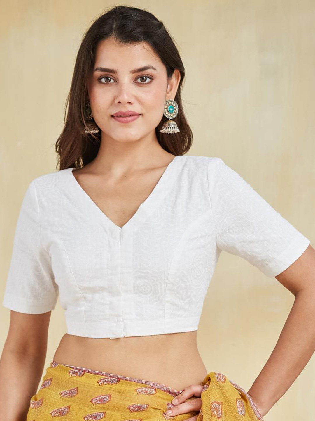 Fabindia Block Printed Cotton Stitched Saree Blouse
