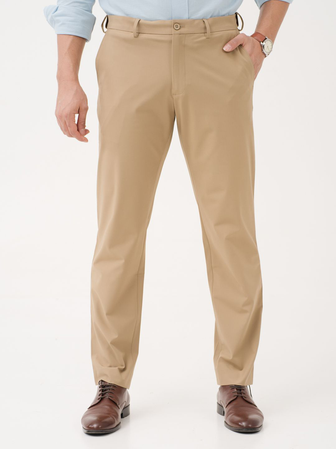 The Pant Project Men Somewhere Khaki Solid Relaxed Fit Wrinkle-Resistant Formal Trousers with Stretchable Waistband