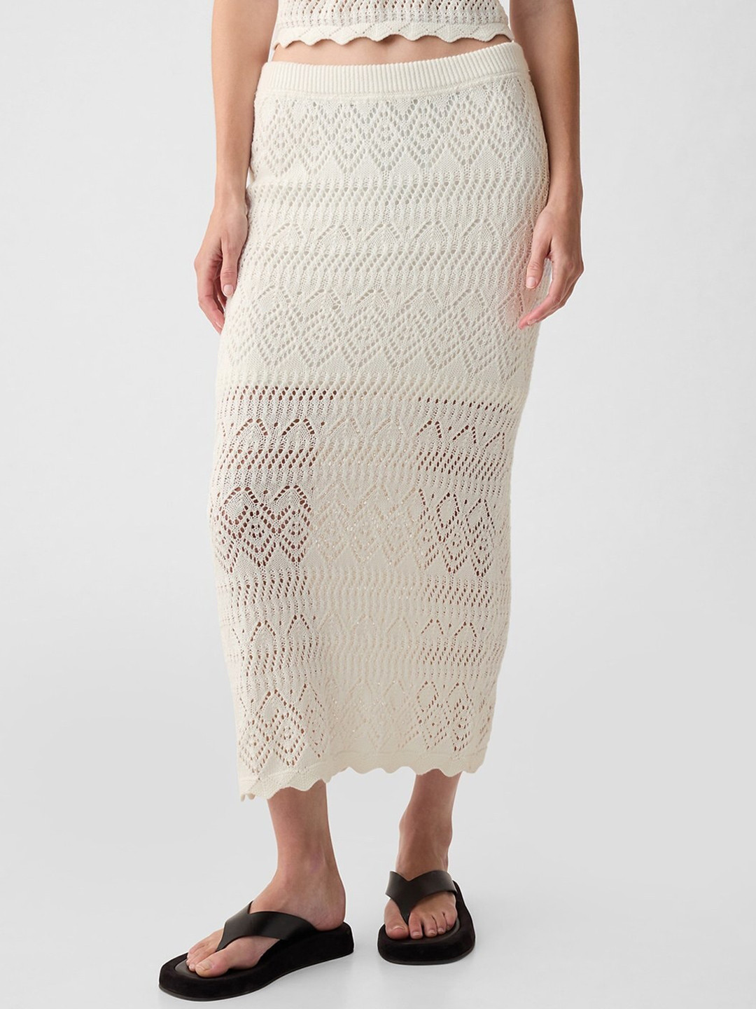 GAP Women Pure Cotton Crochet Pencil Midi Skirt