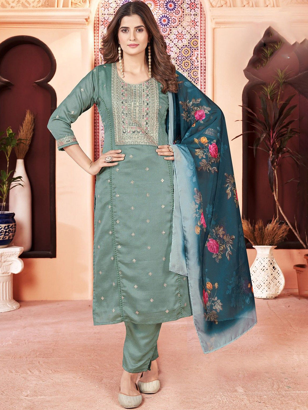 SHILL INTERNATIONAL Floral Embroidered Straight Kurta With Trousers & Dupatta