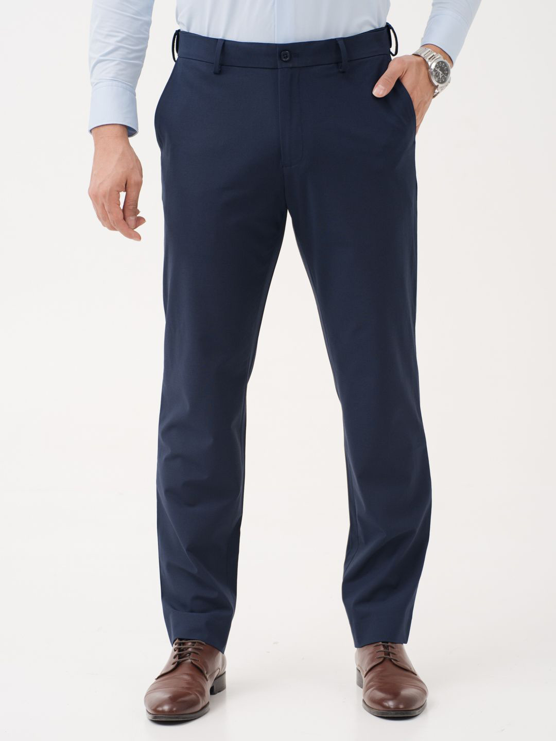 The Pant Project Men Daily Navy Solid Relaxed Fit Wrinkle-Resistant Formal Trousers with Stretchable Waistband