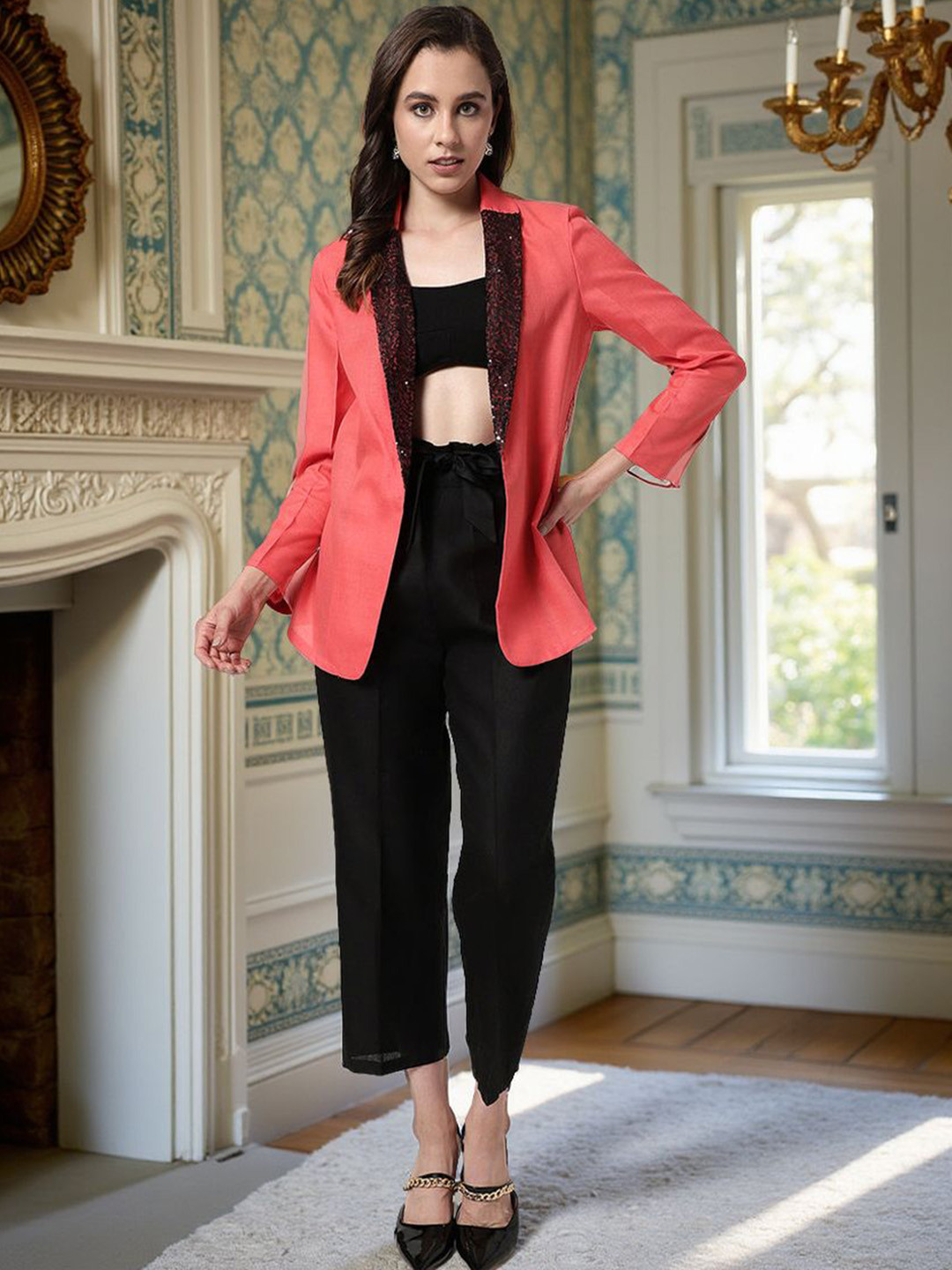 Zima Leto Women's Blazer With Sequin Lapel & Contrast Pant Co-Ords