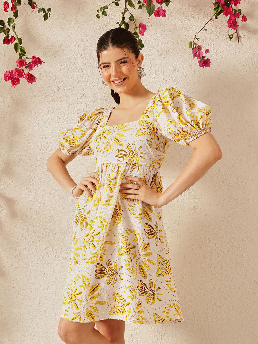 STREET 9 Floral Printed Puff Sleeves Crepe Fit & Flare Dress