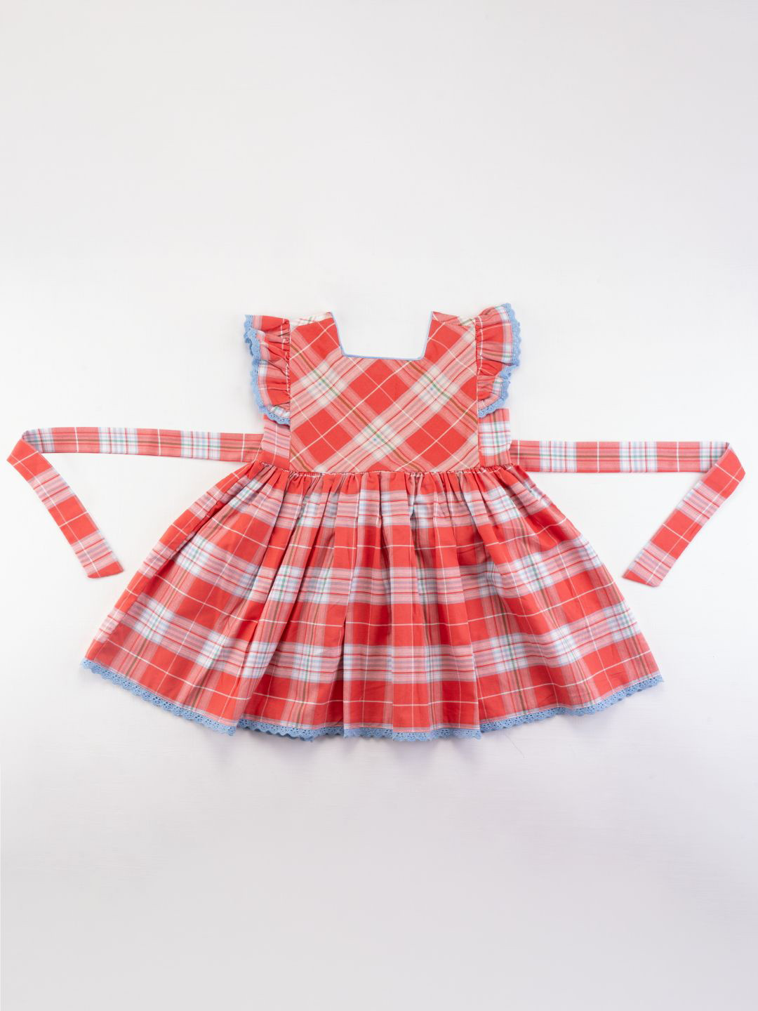 Soleilclo Women Red Lace Trims Cotton Frill Sleeves Plaid Dress