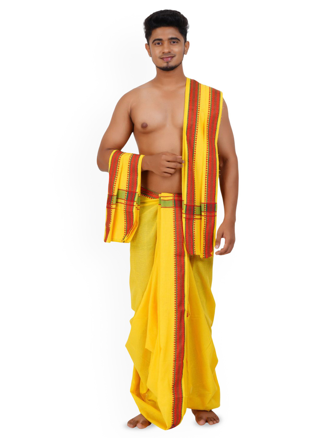 Ethazh Men Yellow Cotton Blend Solid 2 Inch Border Double Layer Dhoti with Angavastram