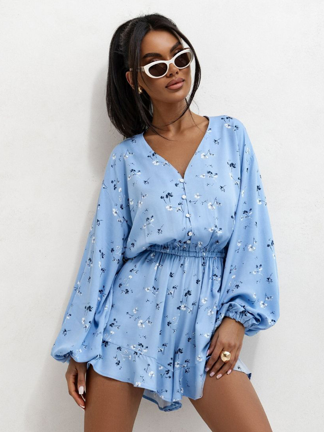 bebe Blue Floral Print V-Neck Balloon Sleeve Playsuit