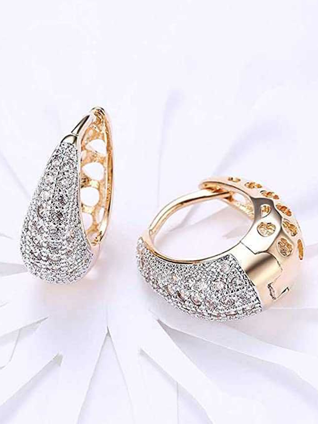 Bling Queen Stainless Steel Gold-Plated Cubic Zirconia Contemporary Shaped Hoop Earrings