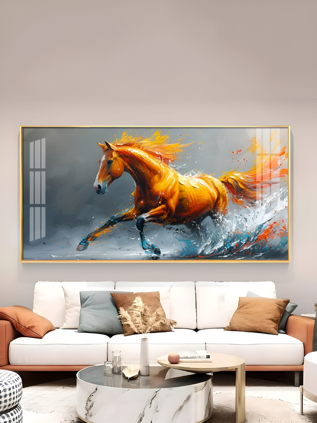 THE NEXT DECOR One Running Horse Glass Finish Horizontal Wall Art