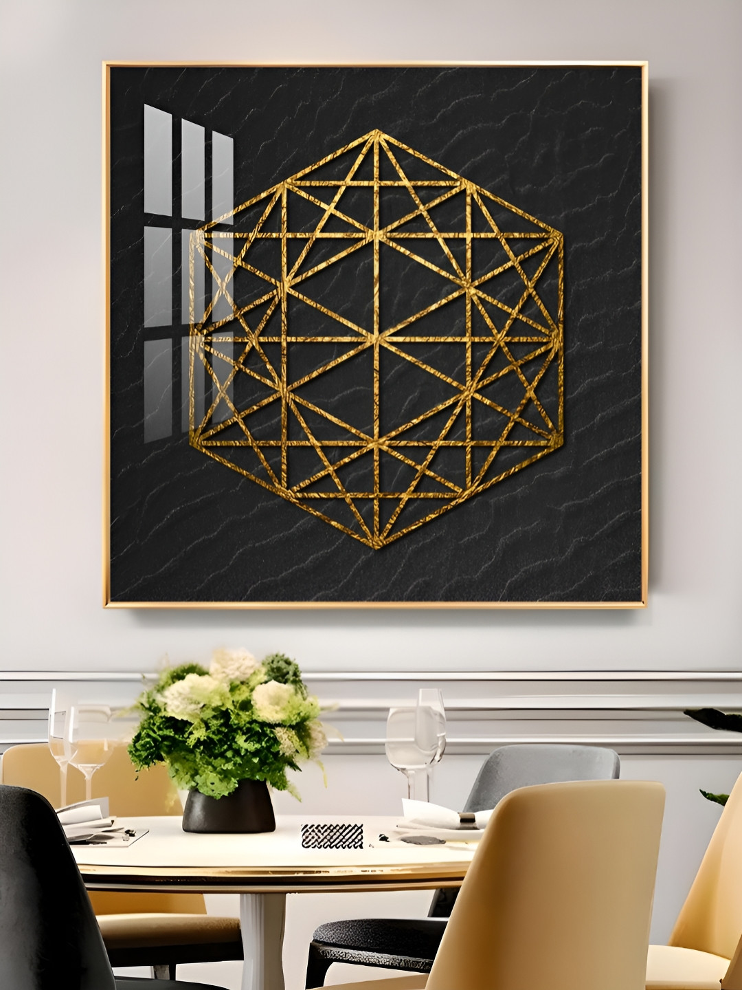 THE NEXT DECOR Unisex Gold-Toned & Black Geometric Elegance Glass Finish Square Wall Art