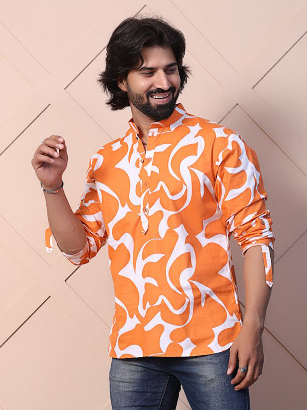 MIDAV Men Straight Fit Abstract Printed Band Collar Casual Shirt