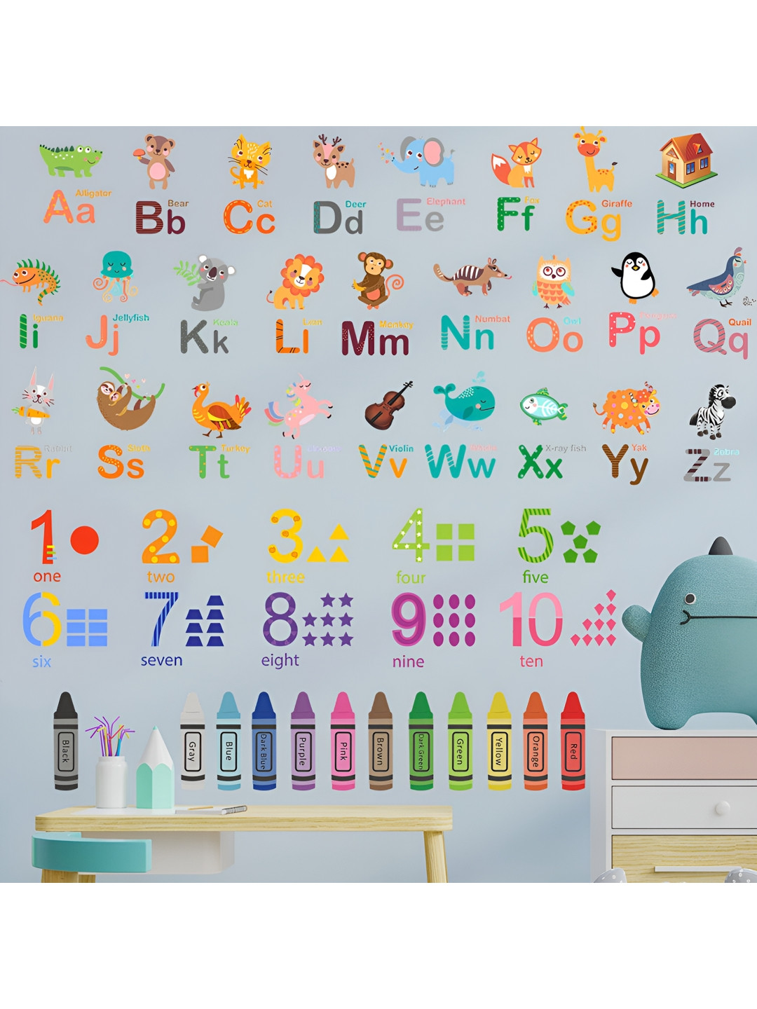 INDIAN ROYALS Blue & Green Animal Alphabet Printed Self-Adhesive & Durable Wall Sticker