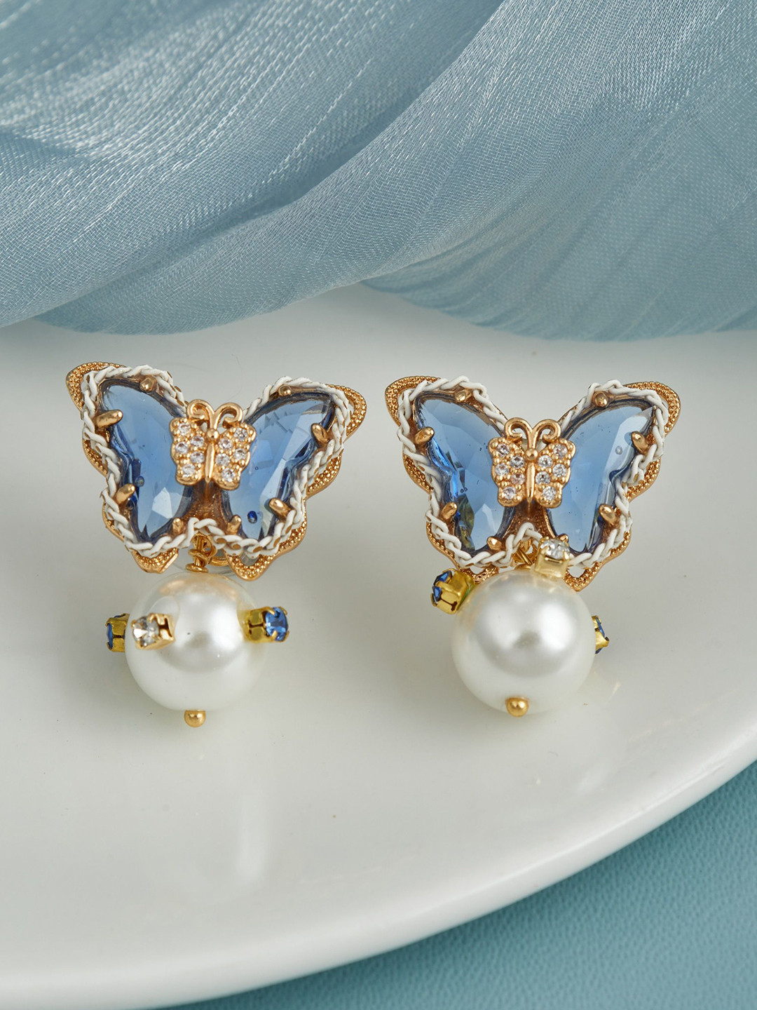 GC Jewelery Gold-Plated Stones Studded & Pearls Beaded Butterfly Shaped Drop Earrings