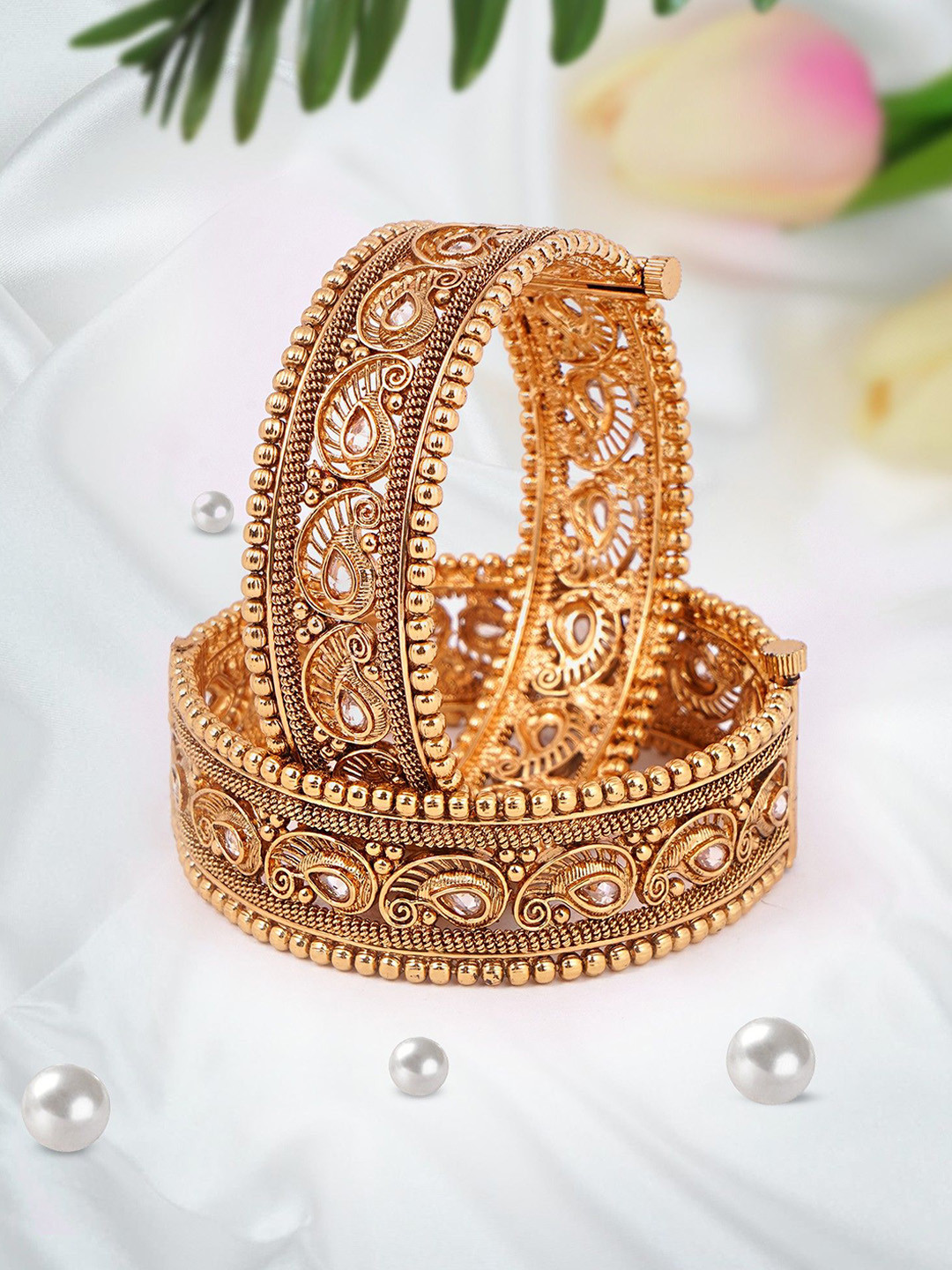 Adwitiya Collection Set Of 2  Gold Plated Kundan Studded Curry Design Bangles