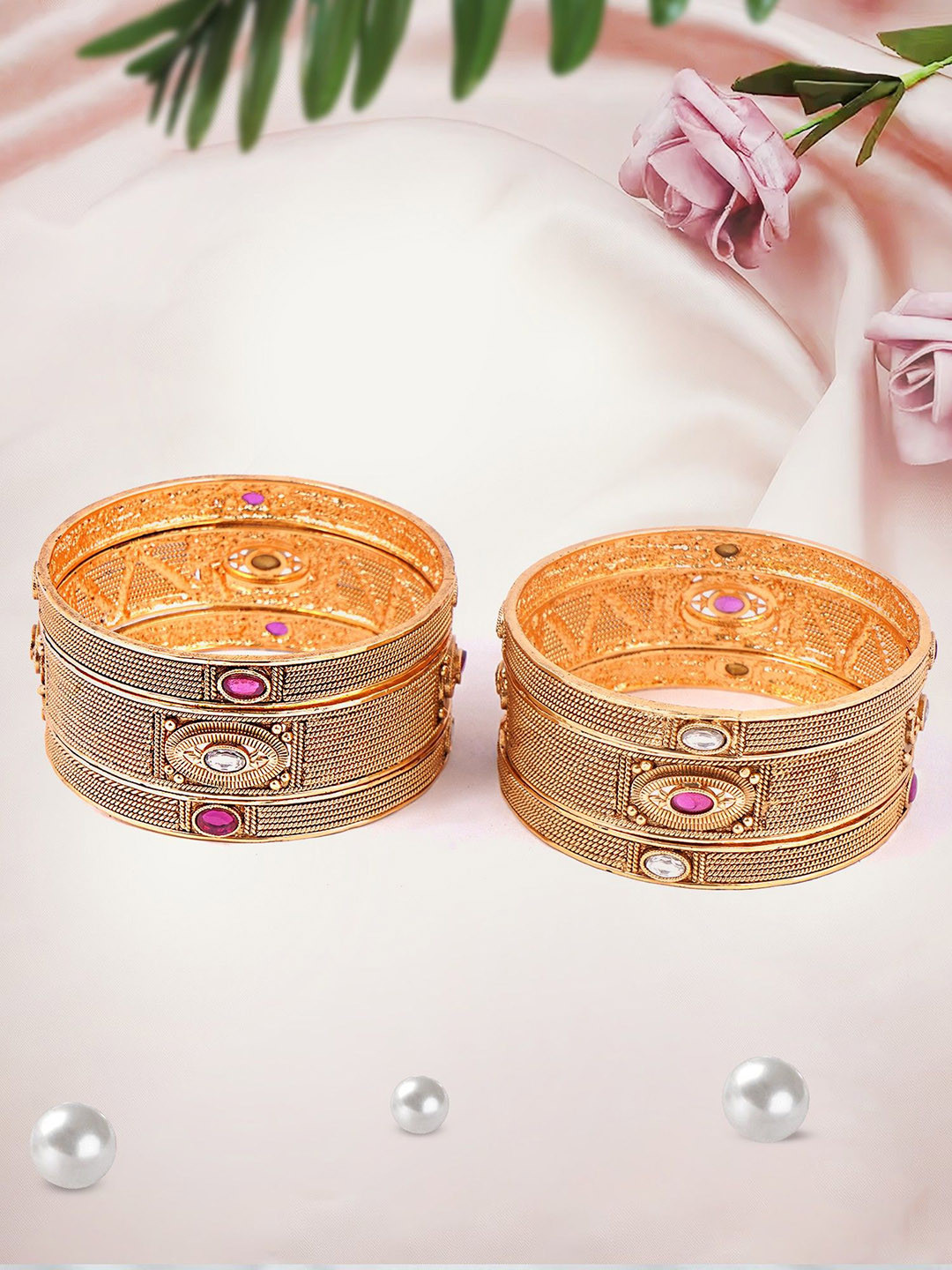 Adwitiya Collection Set Of 6 Gold Plated Stone Studded Leaf Design Bangles