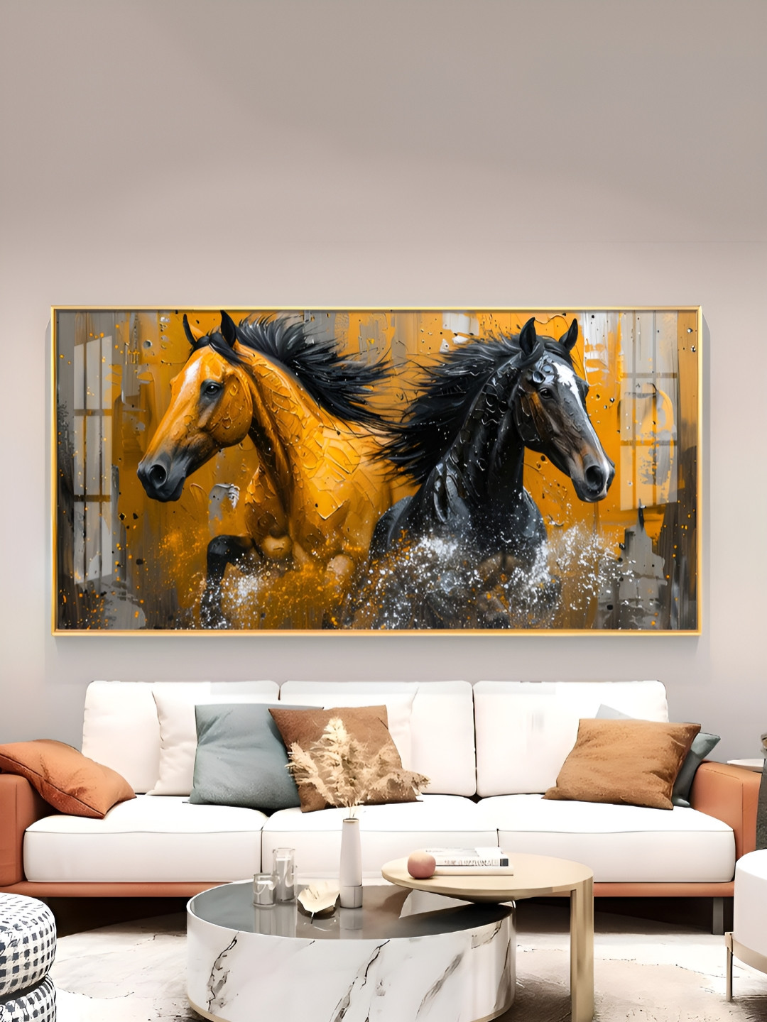THE NEXT DECOR Black Two Horses Glass Finish Horizontal Wall Art