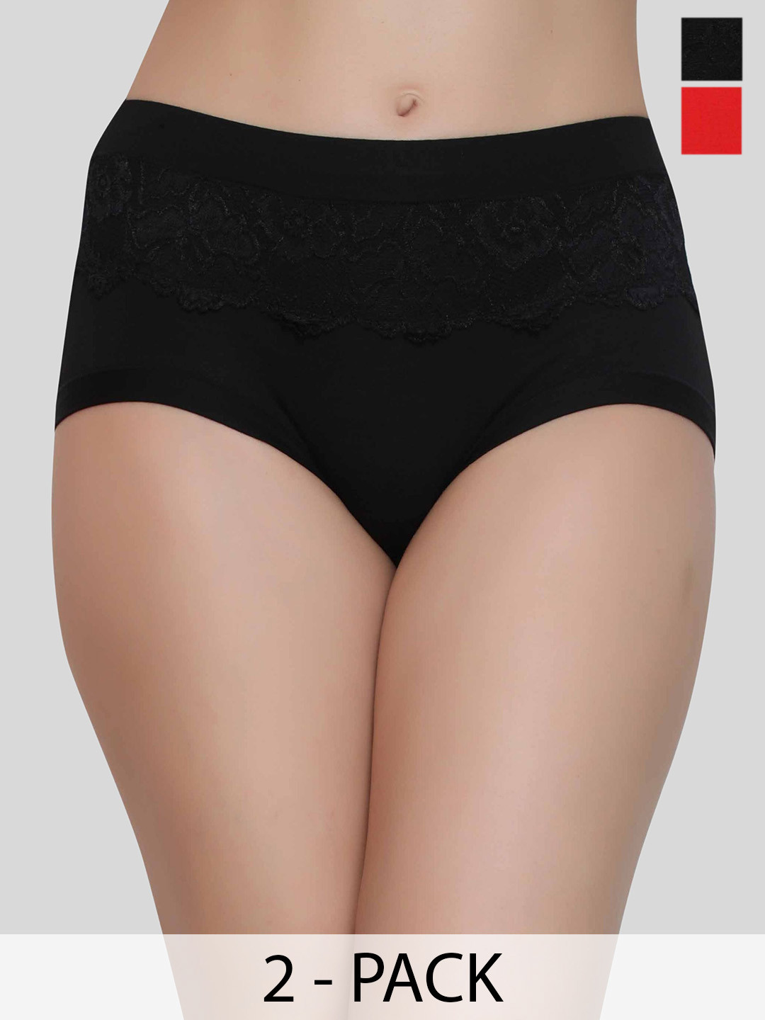 Glamoras 2-Pc High-Rise Seamless Lace Trim Hipster Briefs GL-LACEPANTY-1237-BLACK-RED-L