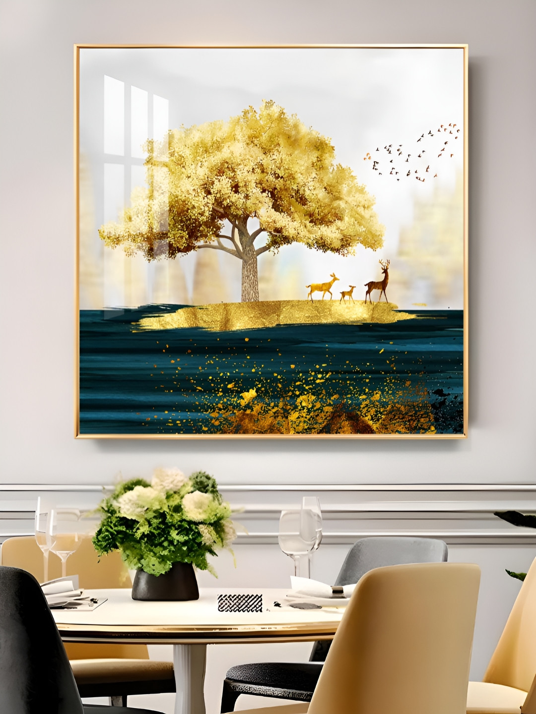THE NEXT DECOR Gold-Colored & blue Tree & Deer Glass Finish Square Wall Art