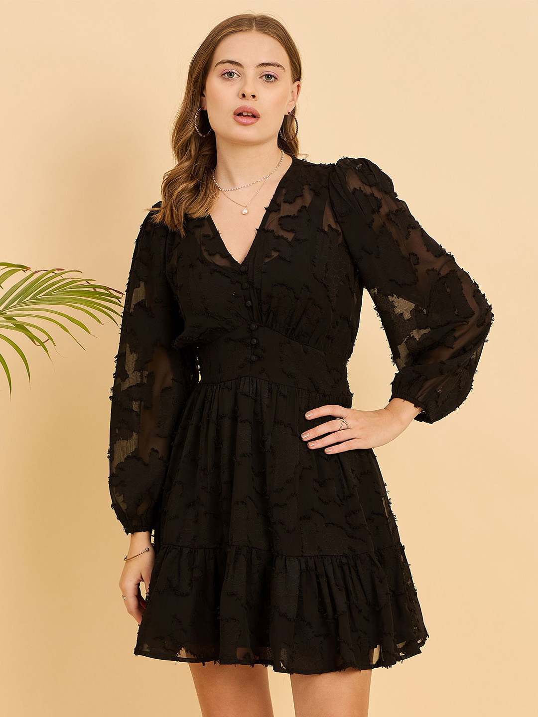 JUNE & HARRY Puff Sleeve Jacquard Fit & Flare Dress