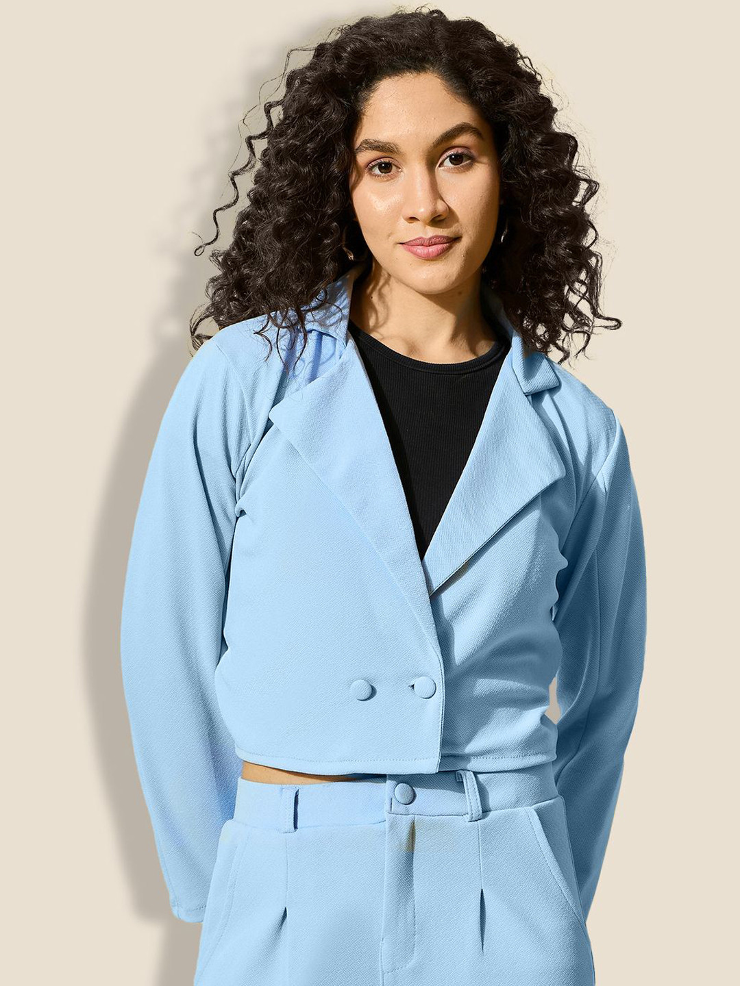 QIOA Women Cropped Double Breasted Blazer