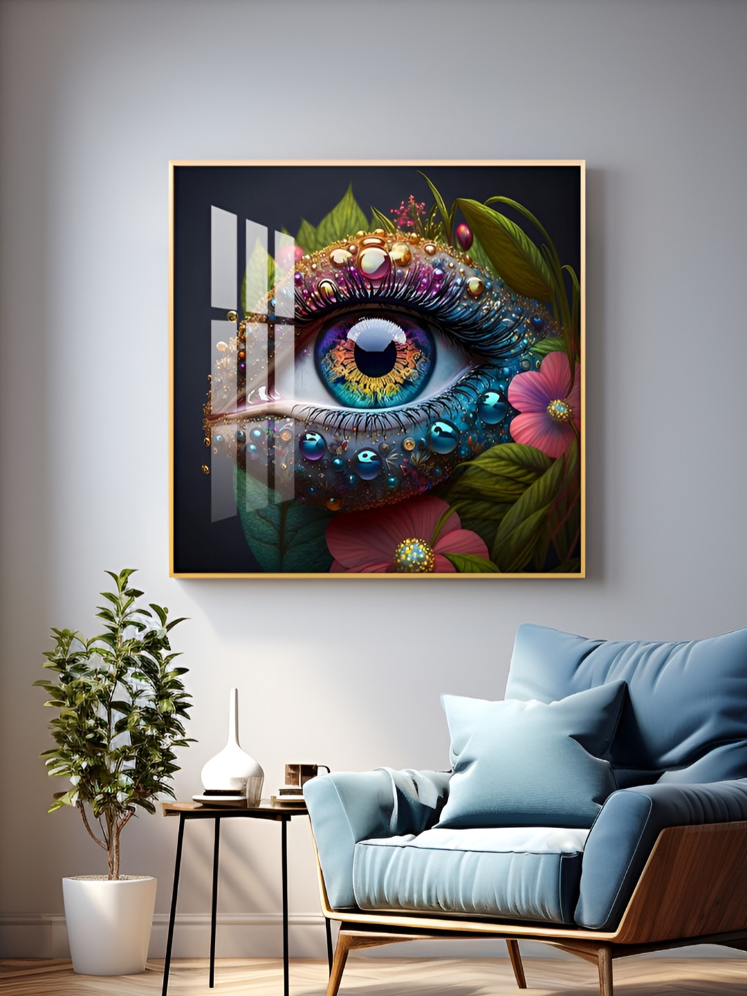 THE NEXT DECOR Blue & Green Glass Finish Floral and Botanical Square Wall Art