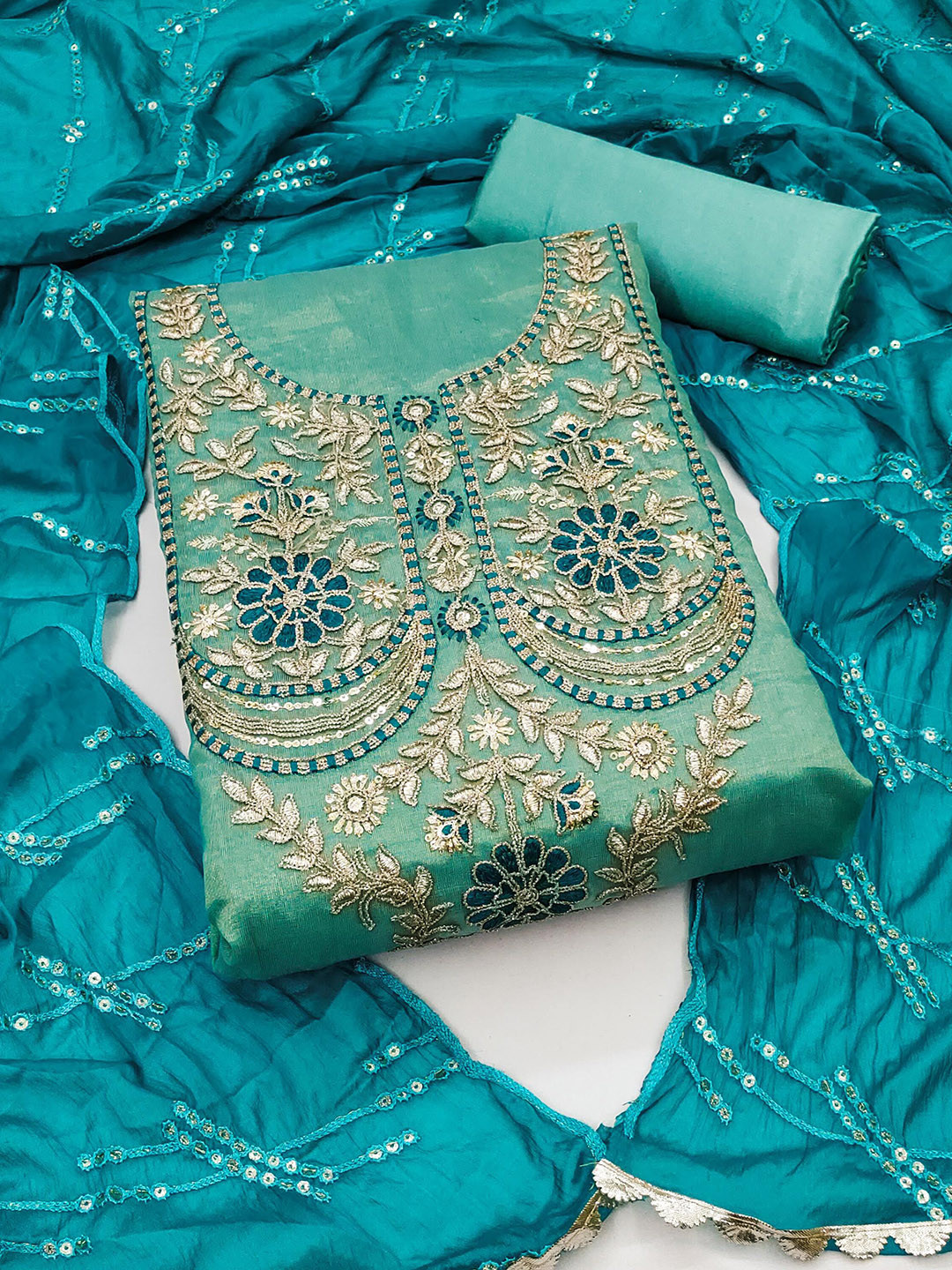 DIVASTRI Turquoise Blue Embroidered Unstitched Dress Material