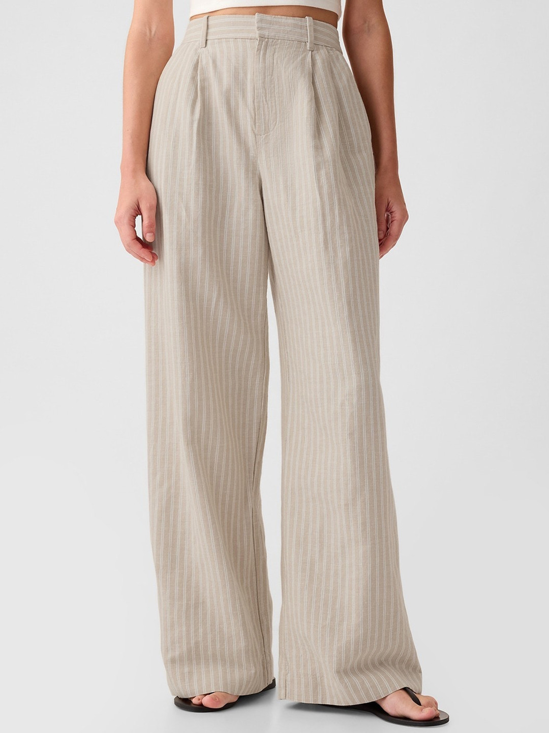 GAP Women Striped Linen Cotton Pleated Wide Leg Trousers