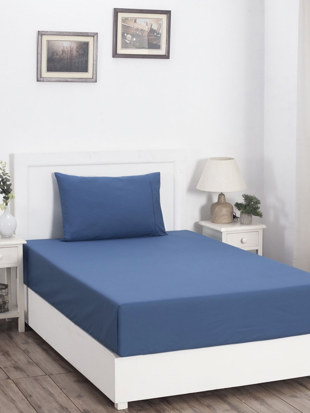 MASPAR 100% Cotton Solid Single Bed Fitted Bedsheet with 1 Pillow Case-91X183X38CM