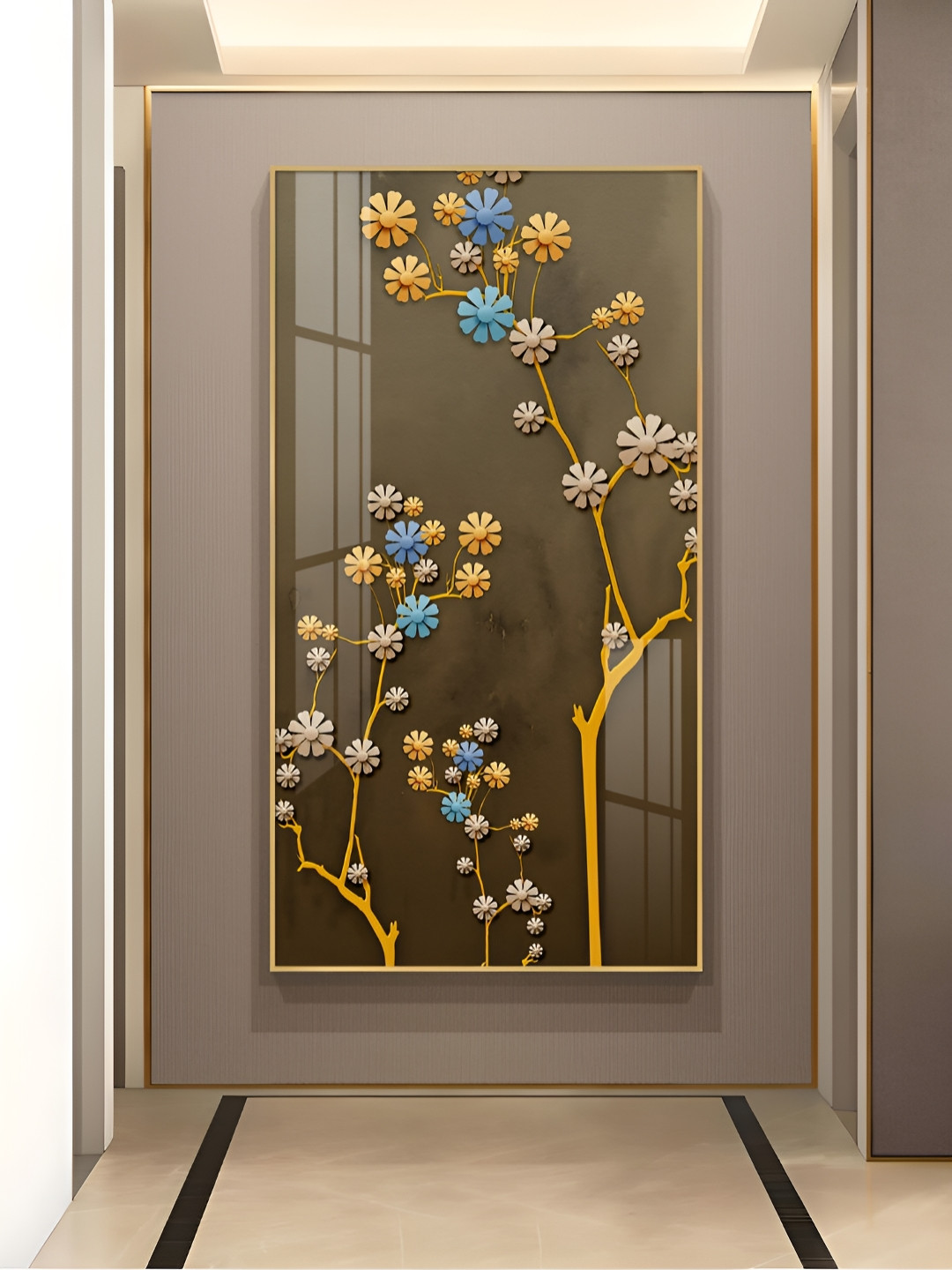 THE NEXT DECOR Brown Blossom Mural Glass Finish Vertical Wall Art