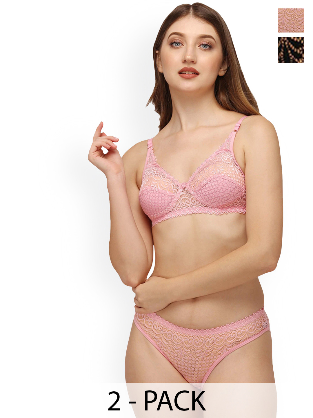DHANDAI FASHION 2-Pcs Self Design Non Padded Lingerie Sets Decent Set-Black Pink (M-1-2P)