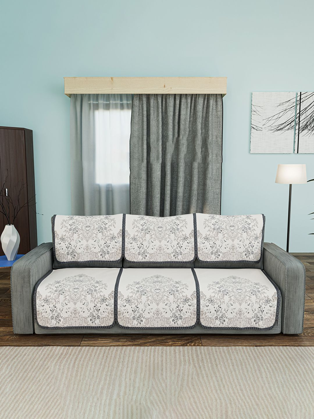 Kuber Industries 6 Pcs Blue & White Printed Cotton Sofa Covers 3 Seater