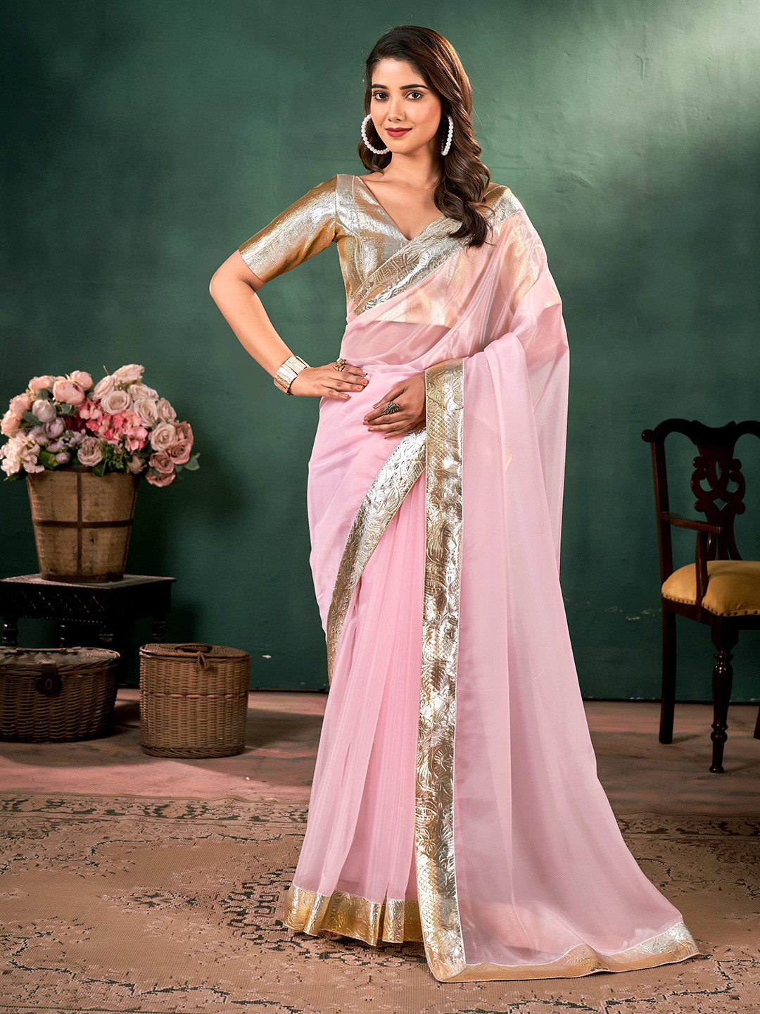 KLISHAA ART Women Georgette Zari Saree With Blouse Piece