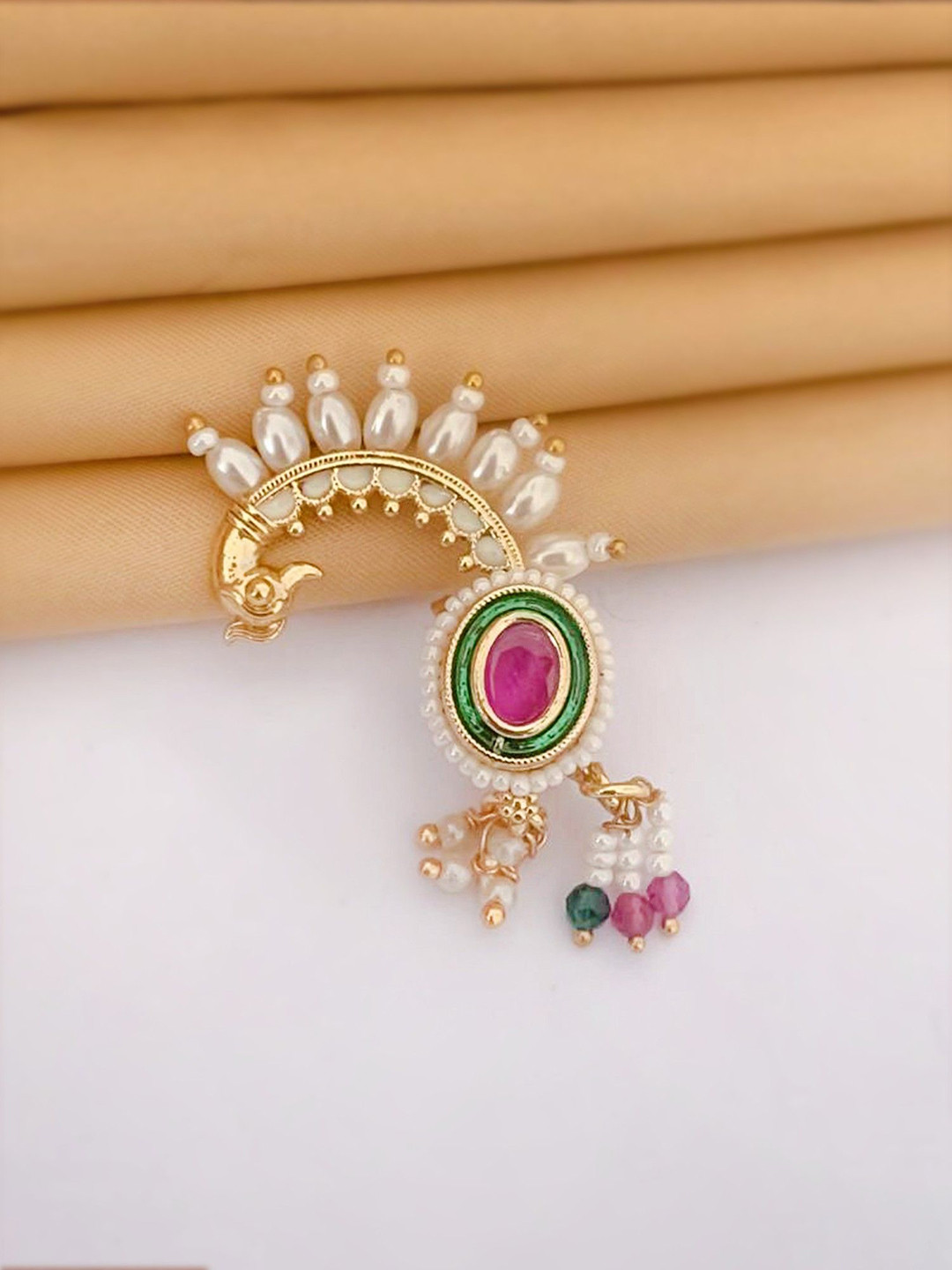Adwitiya Collection Gold-Plated Stones and Beads Peacock Design Maharashtrian Nath