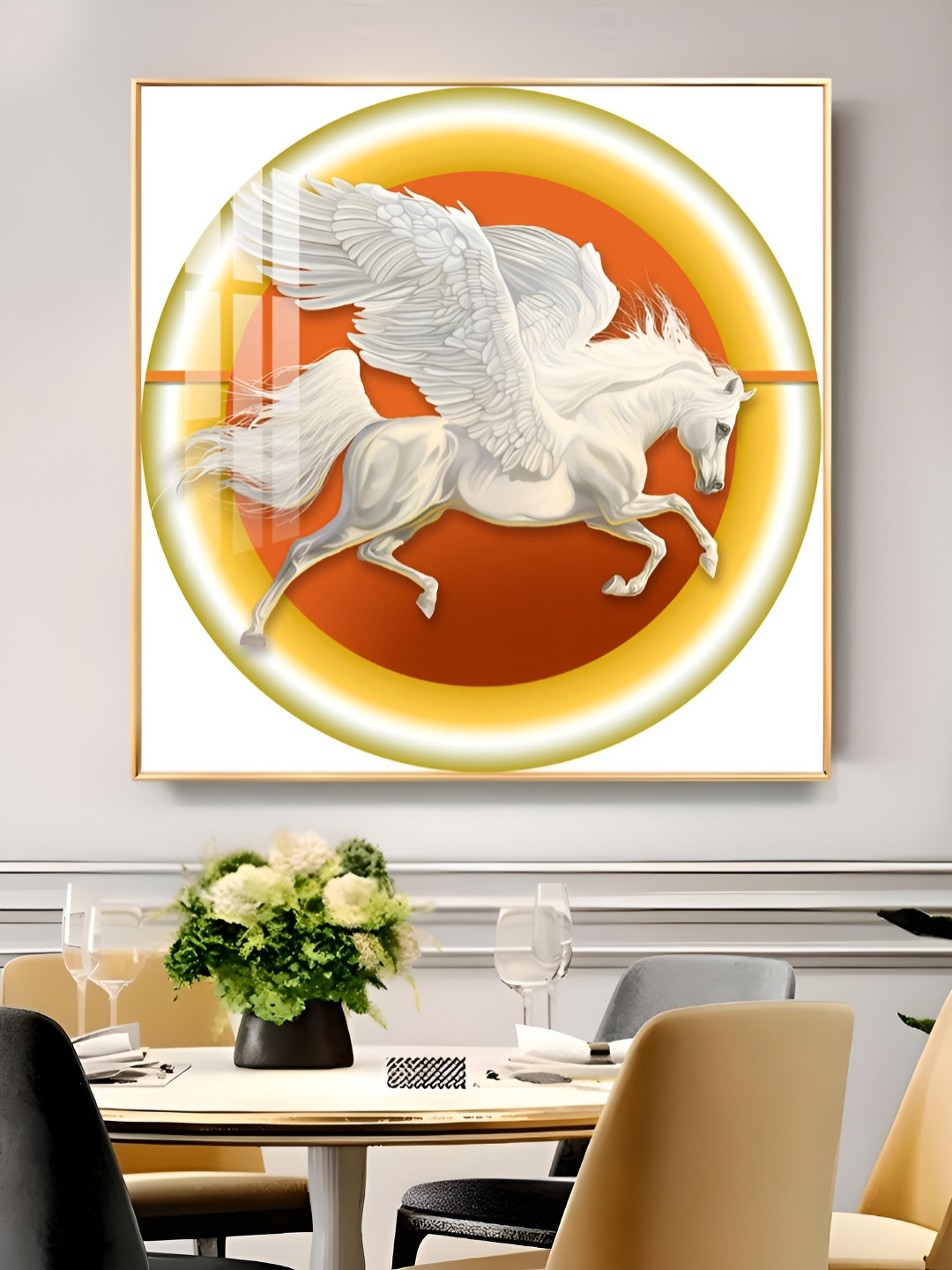 THE NEXT DECOR White Winged Horse Harmony Glass Finish Square Wall Art