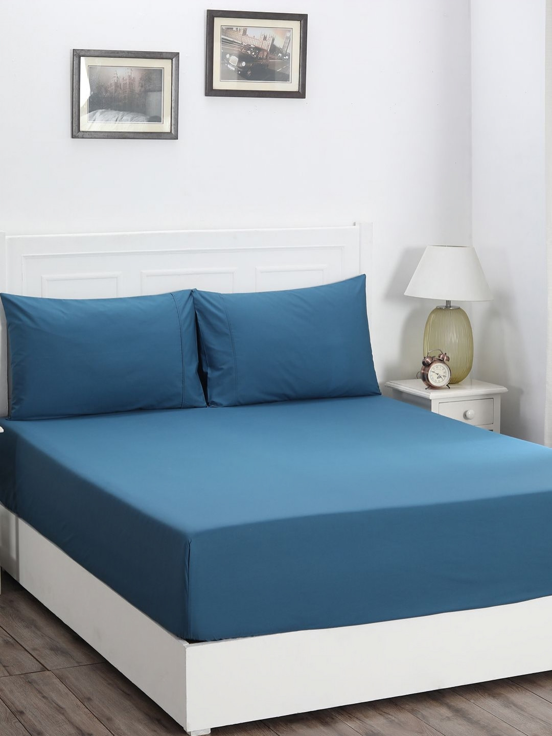 MASPAR 100% Cotton Solid Double Bed Fitted Bedsheet With 2 Pillow Case-183X198X38CM